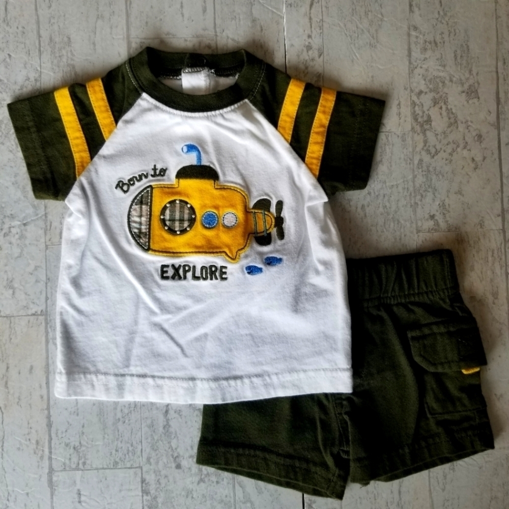 Born to Explore Carter's 3 mo olive green and yellow short/shirt set - Picture 1 of 16